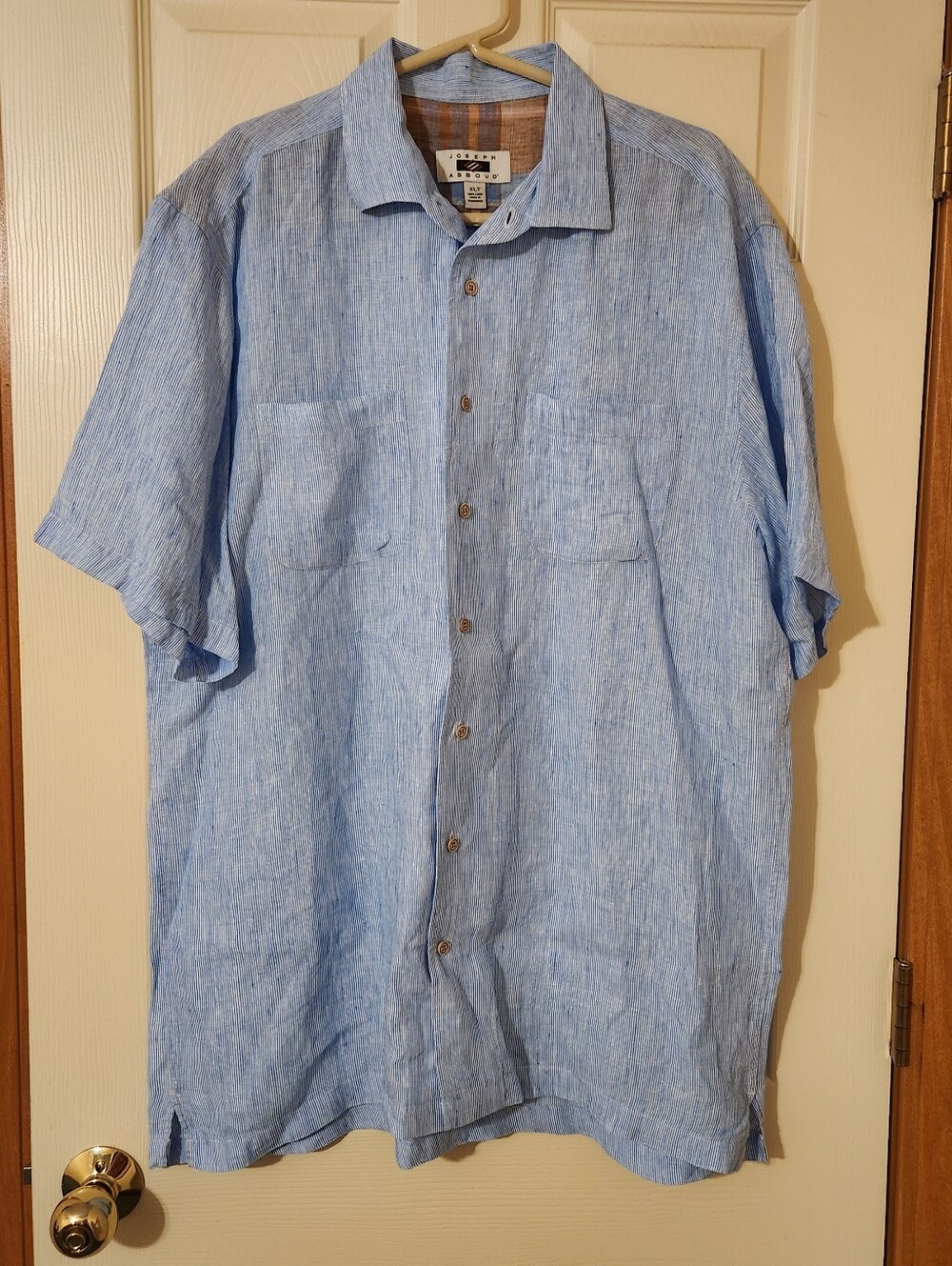 Joseph Abboud 100% Linen Short Sleeve Button Down Size XLT Blue White Striped